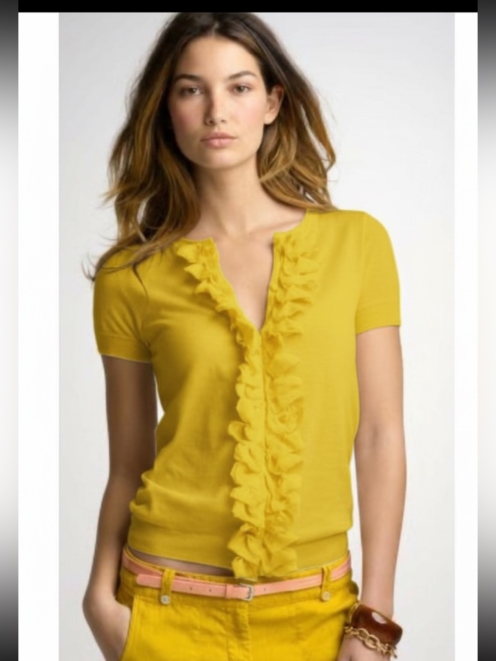 JACOB Yellow Ruffle Button Cardigan Top M Y2K Coquette Cottagecore Preppy